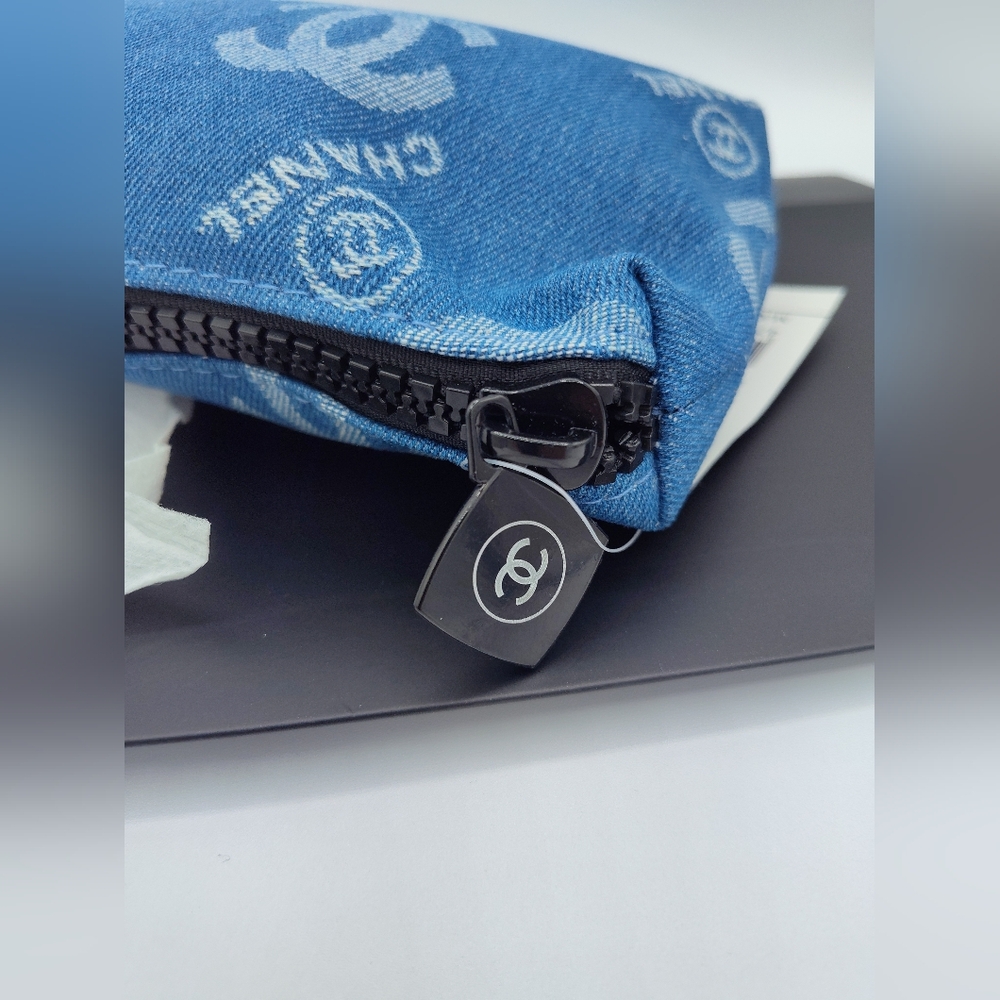 CHANEL Blue Denim Logo Cosmetic Pouch Case CC Monogram Travel NIB NWT AUTHENTIC - Picture 2 of 9